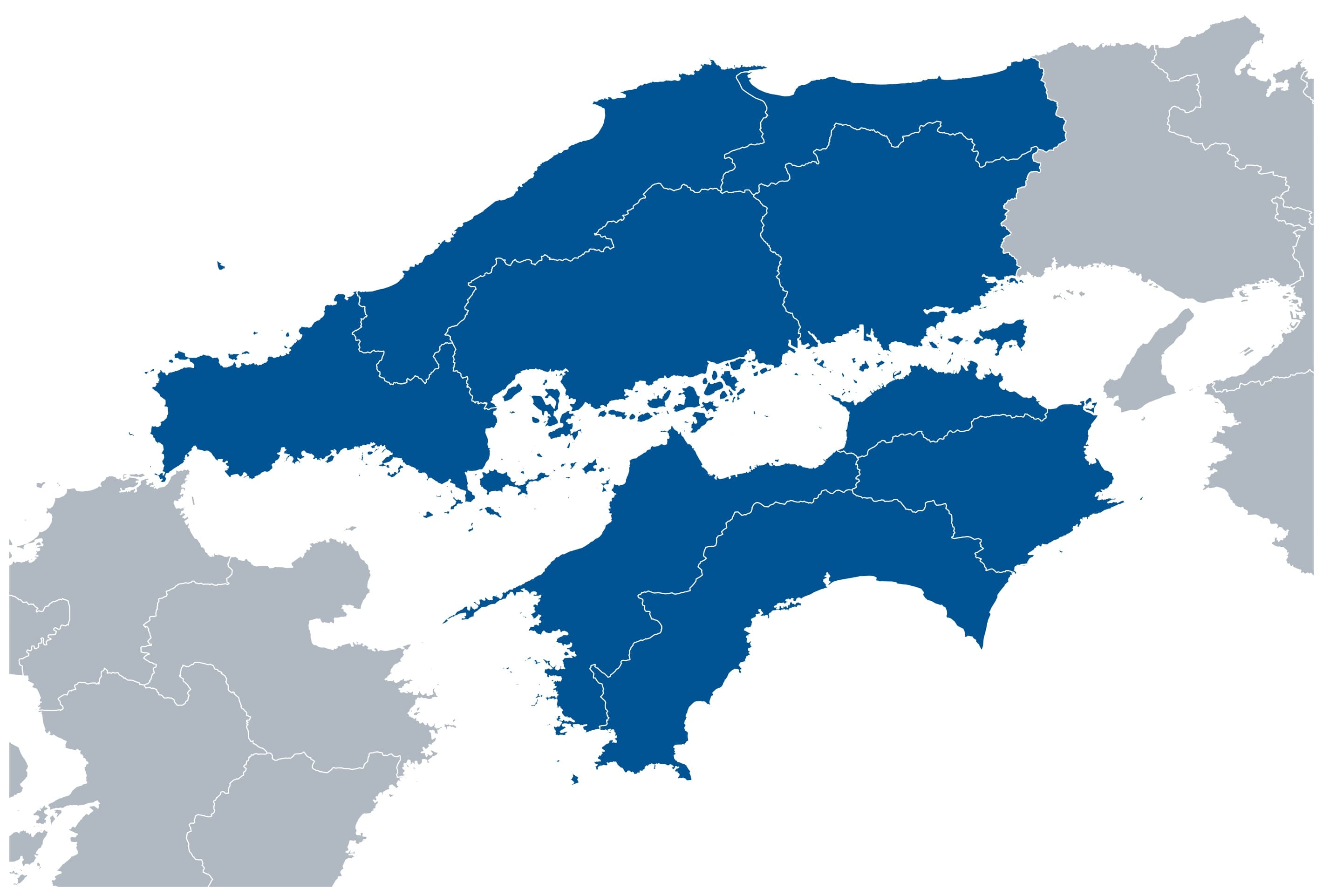 中国地方（広島、岡山、山口、島根、鳥取）と四国地方（香川、徳島、愛媛、高知）をハイライトした地図