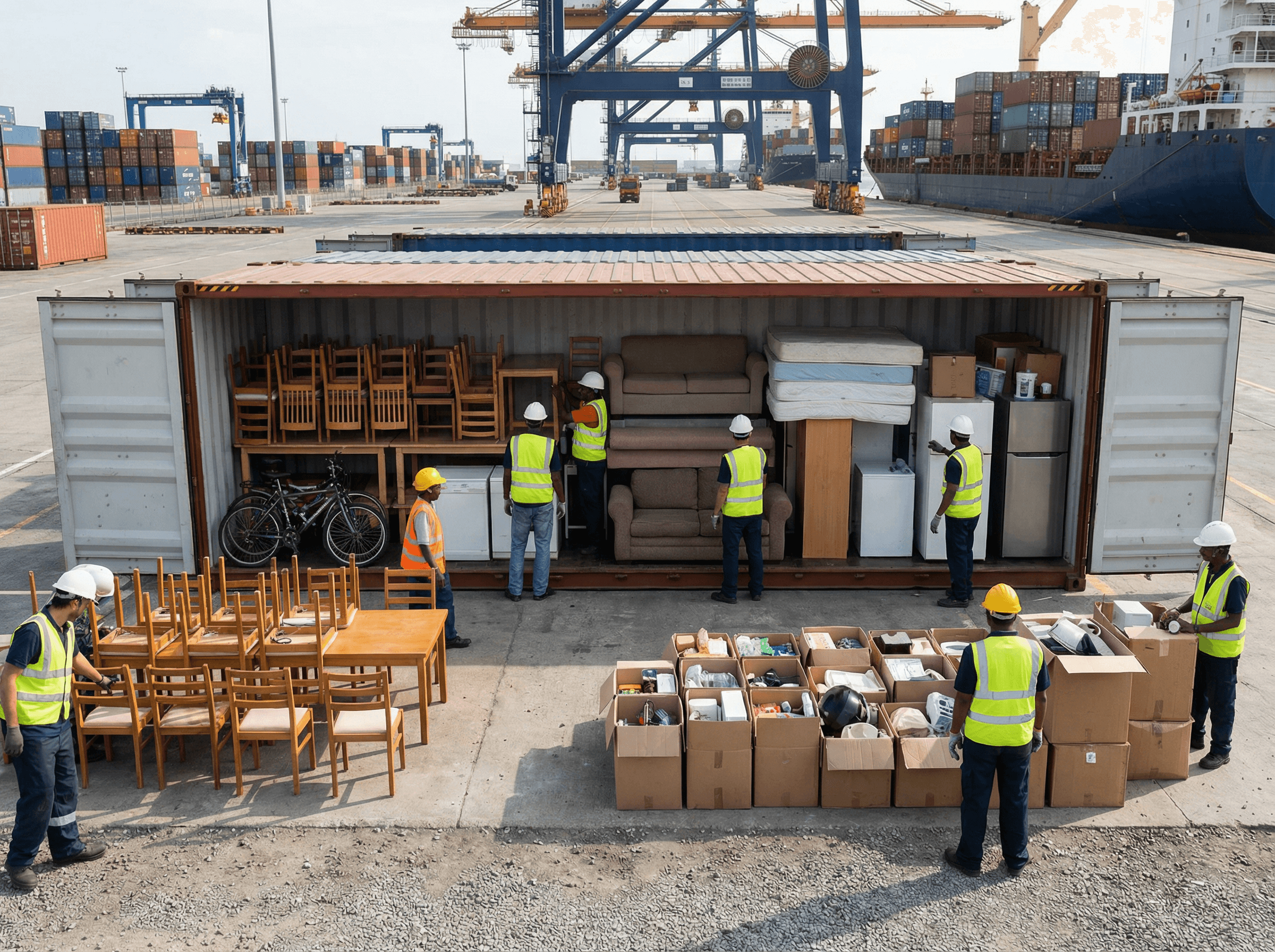 海外へ送られるリユース品のコンテナ写真。多くの品が資源として活用される様子。